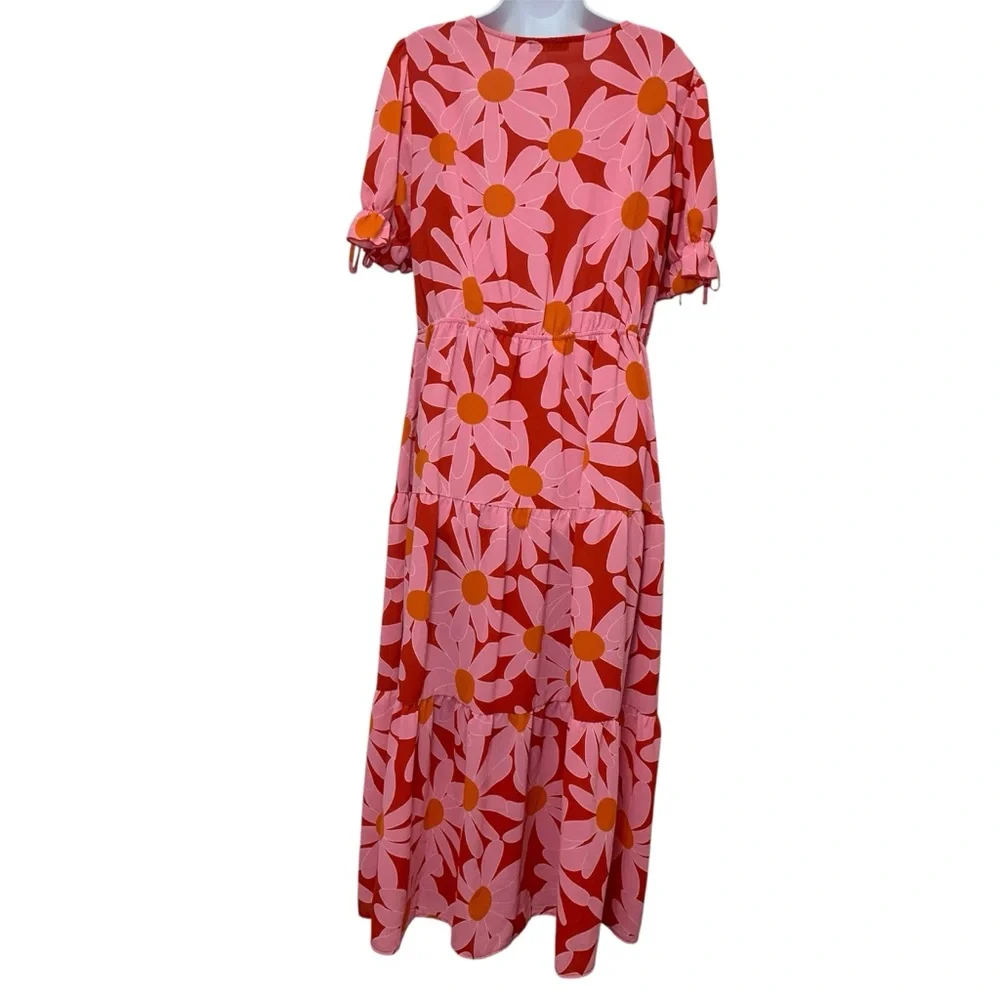 BTFBM Women's XL Summer Boho Dress Tie Front Deep V Neck Cutout Floral Pink Red - Picture 5 of 9
